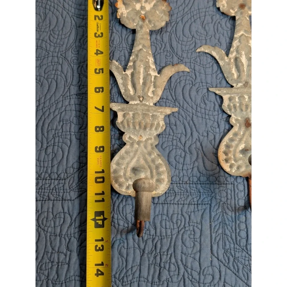 Vintage Embossed Tin Wall Hooks Pair Floral French Country Farmhouse Shabby Chic